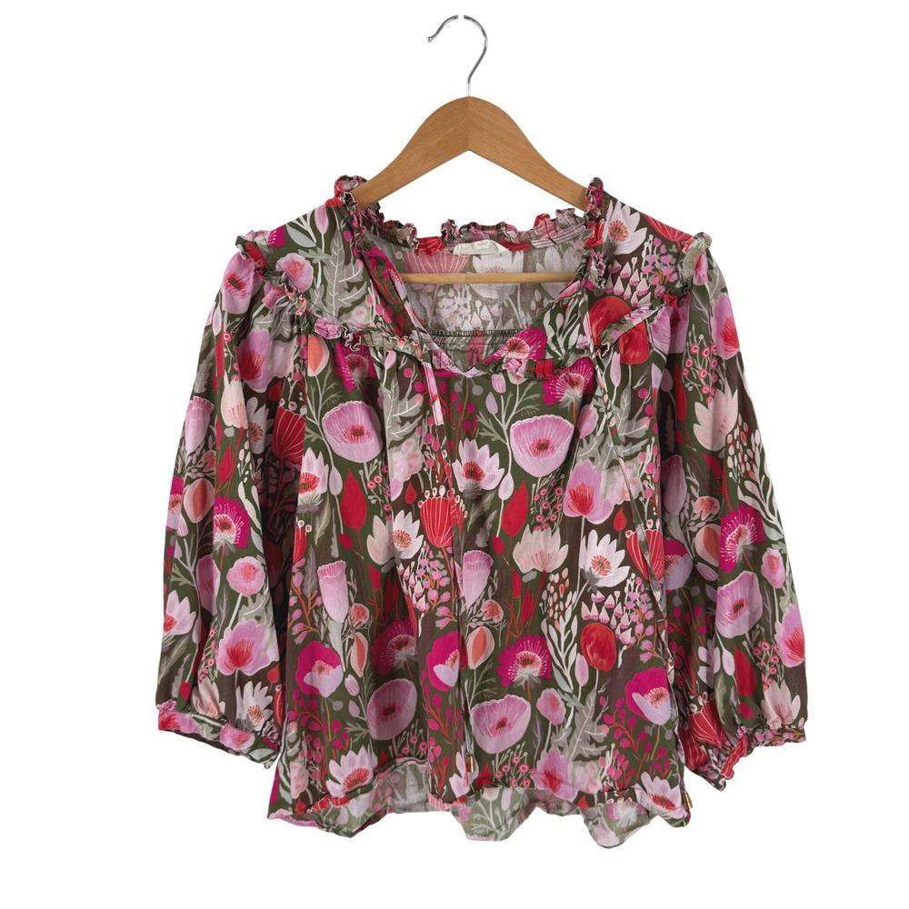 Entro Floral Peasant Blouse Pink Green Medium Cottagecore Boho Cotton Botanical